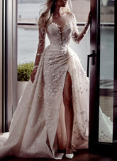 Elegant Long Sleeves Mermaid Sweetheart Lace Wedding Dress with Slit